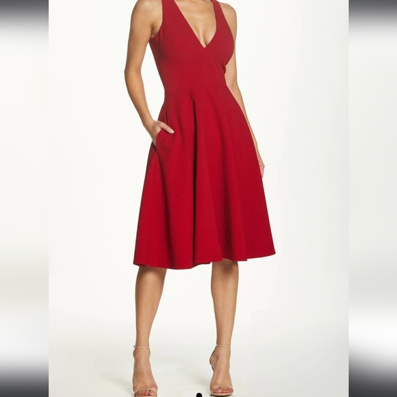 Dress the population catalina fit and flare red vneckline dress size L - Picture 3 of 17